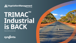 TRIMAC Industrial is BACK message beside photo of empty road through autumn trees