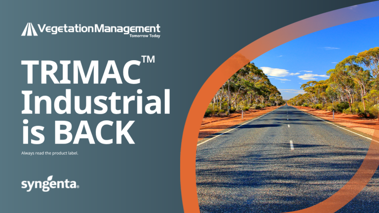 TRIMAC Industrial is BACK message beside photo of empty road through autumn trees